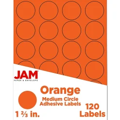 JAM Paper Circle Round Label Sticker Seals, 1 2/3" Diameter, Orange, 24 Labels/Sheet, 5 Sheets/Pack (147627053)