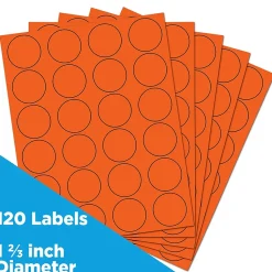 JAM Paper Circle Round Label Sticker Seals, 1 2/3" Diameter, Orange, 24 Labels/Sheet, 5 Sheets/Pack (147627053)
