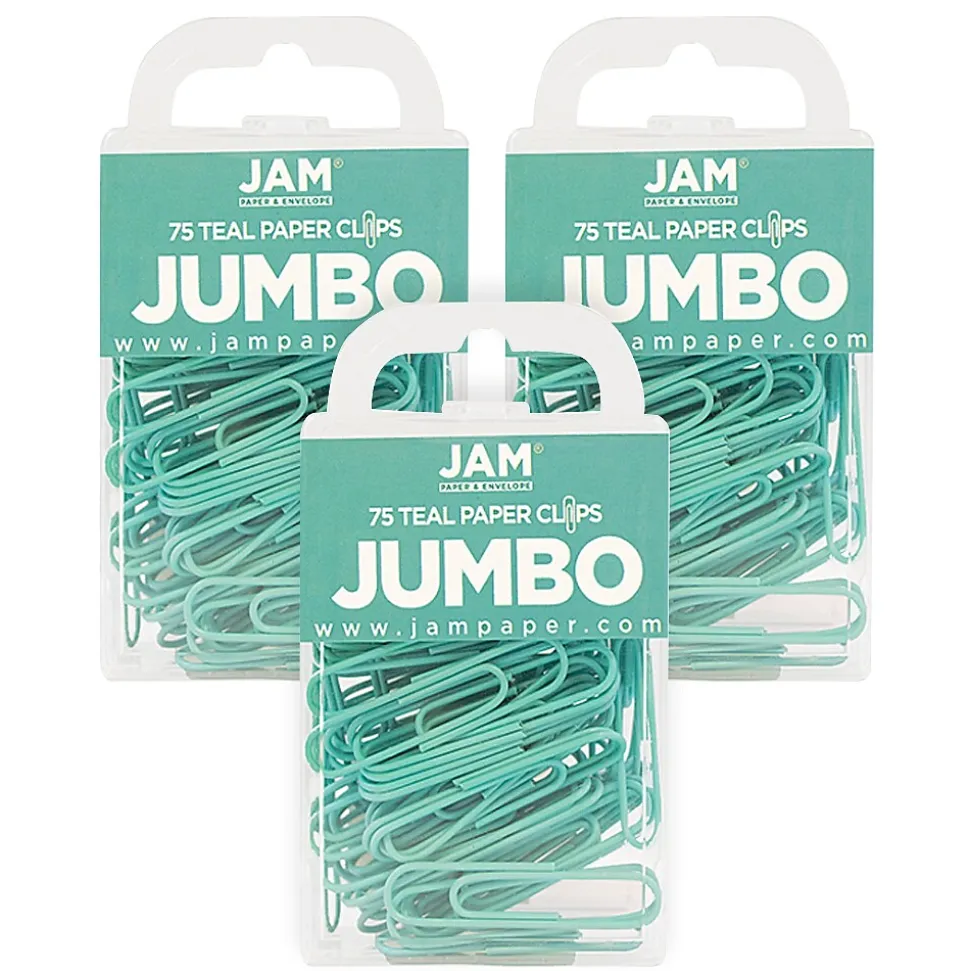 JAM Paper Jumbo Paper Clips, Teal, 3 Packs of 75 (21832065B)