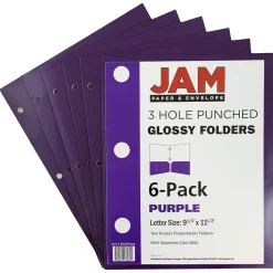 JAM Paper Laminated Glossy 3 Hole Punch Two-Pocket Folders, Purple, 6/Pack (385GHPPUA)
