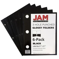 JAM Paper Laminated Glossy 3 Hole Punch Two-Pocket Folders, Black, 6/Pack (385GHPBLA)
