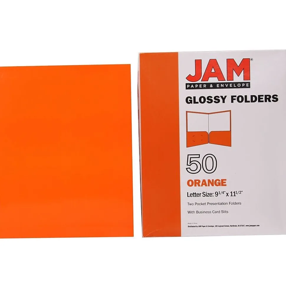 JAM Paper Laminated 2-Pocket Glossy Presentation Folders, Orange, 25/Pack (385GORD)