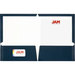 JAM Paper Laminated Two Glossy 2 Pocket Cardstock Presentation Folder, Navy Blue, 50/Box (5042523C)