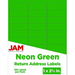 JAM Paper Laser/Inkjet Address Labels, 1" x 2 5/8", Neon Green, 30 Labels/Sheet, 4 Sheets/Pack (3543284)