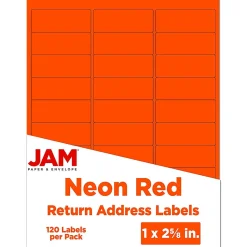 JAM Paper Laser/Inkjet Address Labels, 1" x 2 5/8", Neon Red, 30 Labels/Sheet, 4 Sheets/Pack (354328230)