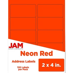 JAM Paper Laser/Inkjet Shipping Labels, 2" x 4", Neon Red, 10 Labels/Sheet, 12 Sheets/Pack (354328034)