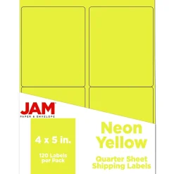 JAM Paper Laser/Inkjet Shipping Labels, 4" x 5", Neon Yellow, 4 Labels/Sheet, 30 Sheets/Pack (354329153)