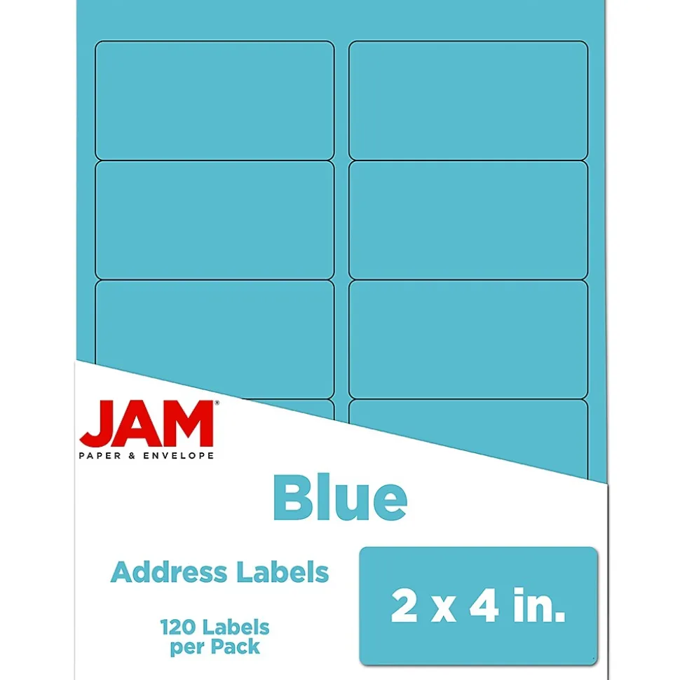 JAM Paper Laser/Inkjet Shipping Address Labels, 2" x 4", Blue, 10 Labels/Sheet, 12 Sheets/Pack (302725768)