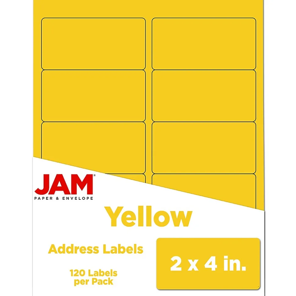 JAM Paper Laser/Inkjet Shipping Address Labels, 2" x 4", Yellow, 10 Labels/Sheet, 12 Sheets/Pack (302724410)
