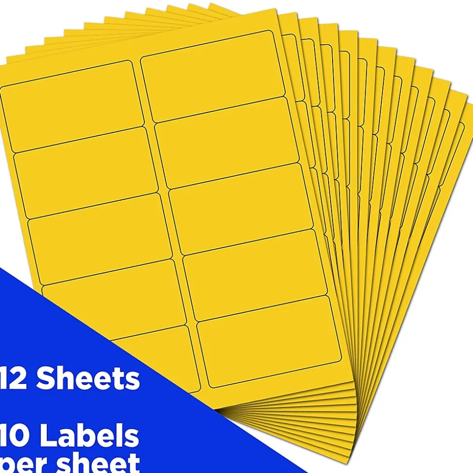JAM Paper Laser/Inkjet Shipping Address Labels, 2" x 4", Yellow, 10 Labels/Sheet, 12 Sheets/Pack (302724410)