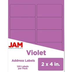 JAM Paper Laser/Inkjet Shipping Address Labels, 2" x 4", Violet Purple, 10 Labels/Sheet, 12 Sheets/Pack (302725790)