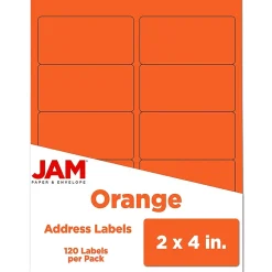 JAM Paper Laser/Inkjet Shipping Address Labels, 2" x 4", Orange, 10 Labels/Sheet, 12 Sheets/Pack (302725784)