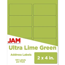 JAM Paper Laser/Inkjet Shipping Address Labels, 2" x 4", Ultra Lime Green, 10 Labels/Sheet, 12 Sheets/Pack (302724405)