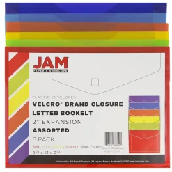 JAM Paper® Plastic Envelopes with Hook & Loop Closure, Letter Size, Assorted Colors, 6/Pack (218V2OLIPRYS)