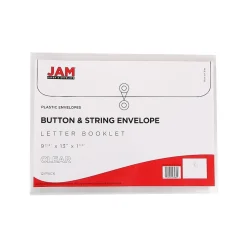 JAM Paper® Plastic Envelopes with Button and String Tie Closure, Letter Size, Clear, 12/Pack (218B1CL)