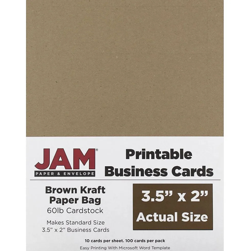 JAM Paper® Printable Business Cards, 3 1/2 x 2, Brown Kraft Paper Bag Recycled, 100/Pack (22128339)