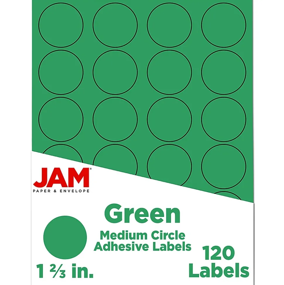 JAM Paper Round Label Sticker Seals, 1 2/3" Diameter, Green, 24 Labels/Sheet, 5 Sheets/Pack (147627041)