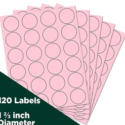 JAM Paper Round Label Sticker Seals, 1 2/3", Baby Pink, 24 Labels/Sheet, 5 Sheets/Pack (147628279)