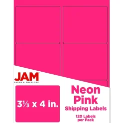JAM Paper Shipping Labels, 3 1/3" x 4", Neon Pink, 6 Labels/Sheet, 20 Sheets/Pack (354328046)
