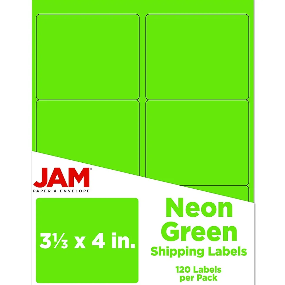 JAM Paper Shipping Labels, 3 1/3" x 4", Neon Green, 6 Labels/Sheet, 20 Sheets/Pack (354328037)