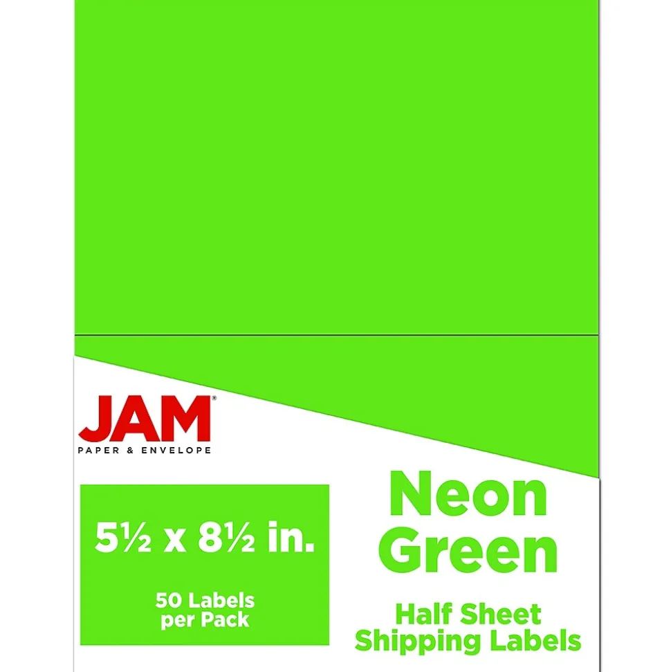 JAM Paper Shipping Labels, Half Page, 5 1/2" x 8 1/2", Neon Green, 2 Labels/Sheet, 25 Sheets/Pack (359429626)