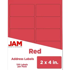 JAM Paper Shipping Labels, 2" x 4", Red, 10 Labels/Sheet, 12 Sheets/Pack (4514940)