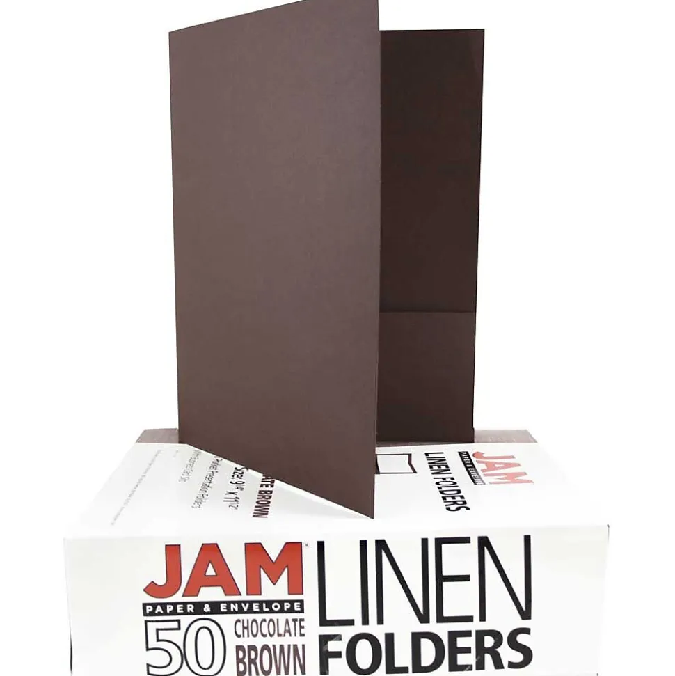 JAM Paper Two-Pocket Textured Linen Business Folders, Chocolate Brown, 50/Box(386LBRC)