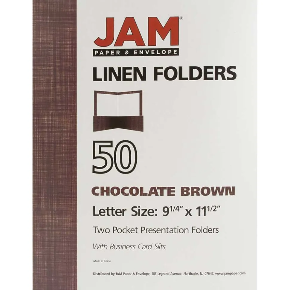JAM Paper Two-Pocket Textured Linen Business Folders, Chocolate Brown, 50/Box(386LBRC)