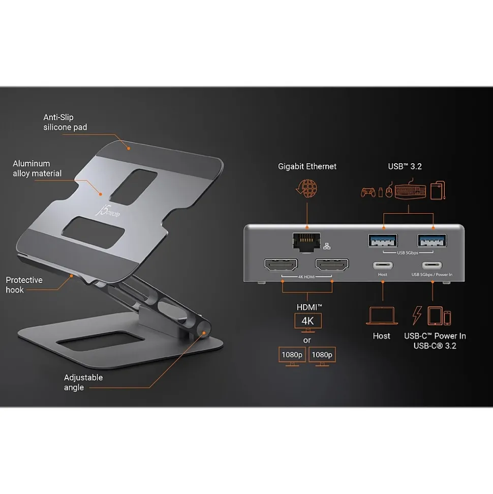 j5create 11.4" x 8.9" Aluminum Multi-Angle Dual-HDMI Docking Stand, Space Gray/Silver (JTS427)