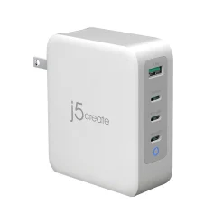 j5create 130W GaN USB-C 4-Port Charger for Laptops, Tablets, and Mobile Devices, White (JUP43130)