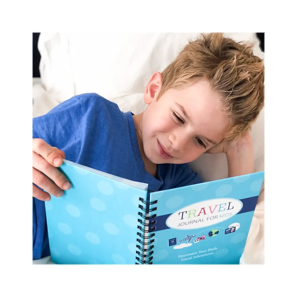 Kahootie Co. Travel Journal For Kids Hardcover Journal, 5.5" x 8.5", Wide Ruled, Blue/Teal, 60 Pages (TRAVTB-H)