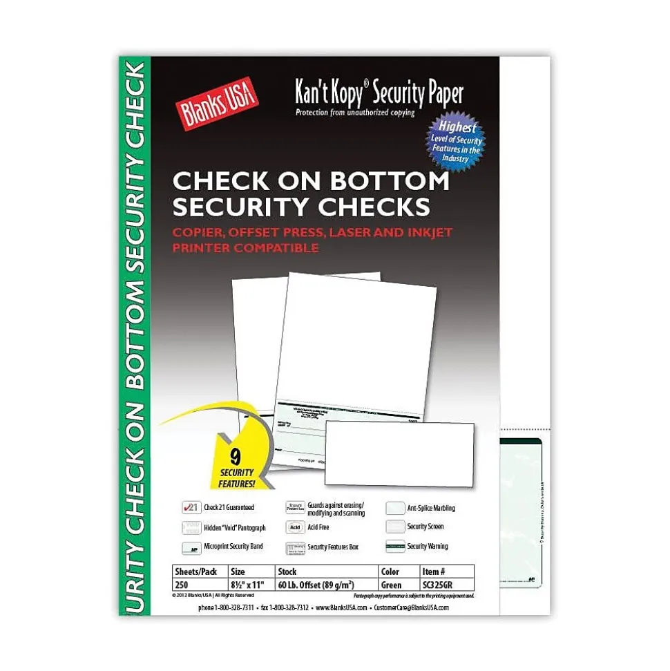Kan't Kopy® Blank/USA® 8 1/2" x 11" 60 lbs. Security Check on Bottom Paper, Void Green, 250/Pack