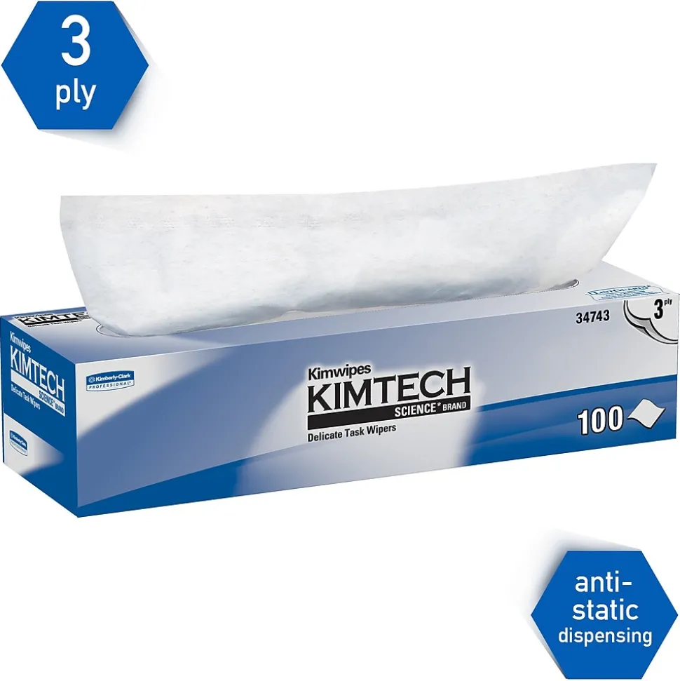 Kimtech Science Kimwipes Delicate Task Wipers, 11.22" x 12.3", White, 3-ply, 100 Sheets/Box (34743)