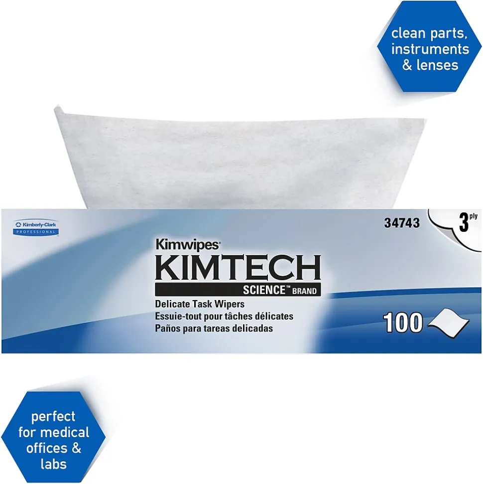 Kimtech Science Kimwipes Delicate Task Wipers, 11.22" x 12.3", White, 3-ply, 100 Sheets/Box (34743)