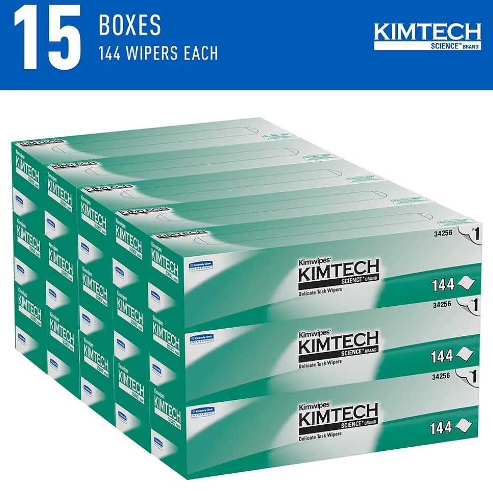 Kimtech Science Kimwipes Delicate Task Virgin Fiber Cleaning Wipers, 14.7" x 16.6", White, 144 Wipers/Box, 15/Carton (34256)