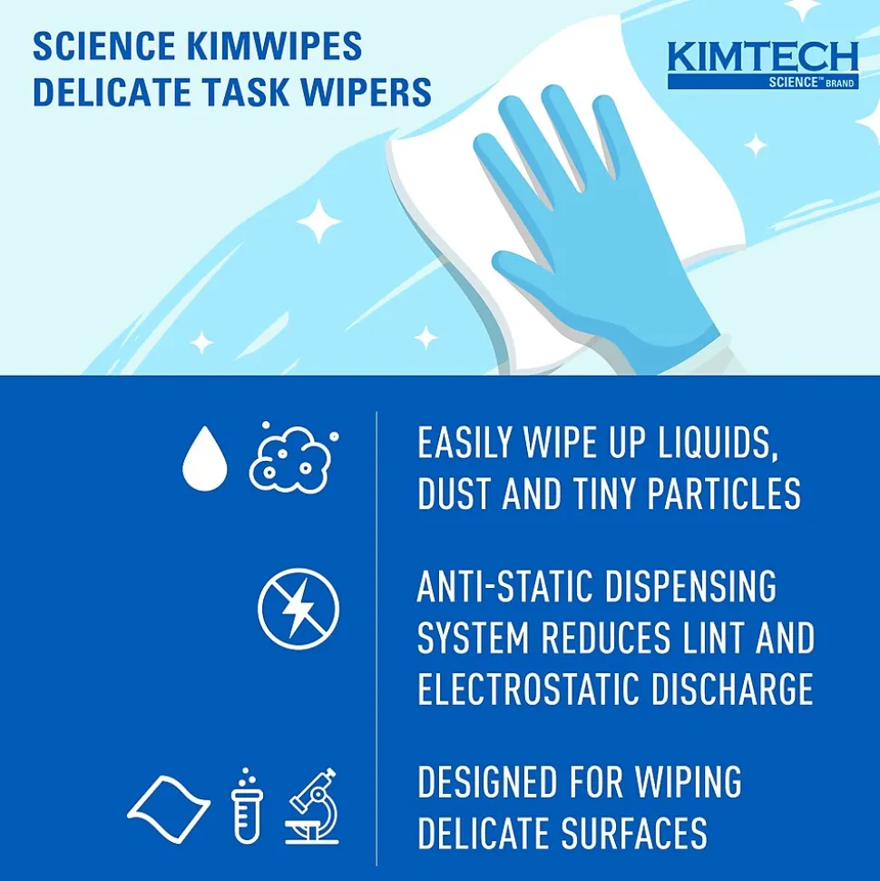 Kimtech Science Kimwipes Delicate Task Virgin Fiber Cleaning Wipers, 14.7" x 16.6", White, 144 Wipers/Box, 15/Carton (34256)