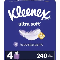 Kleenex Ultra Soft Facial Tissue, 3-Ply, 60 Sheets/Box, 4 Boxes/Pack (54308)