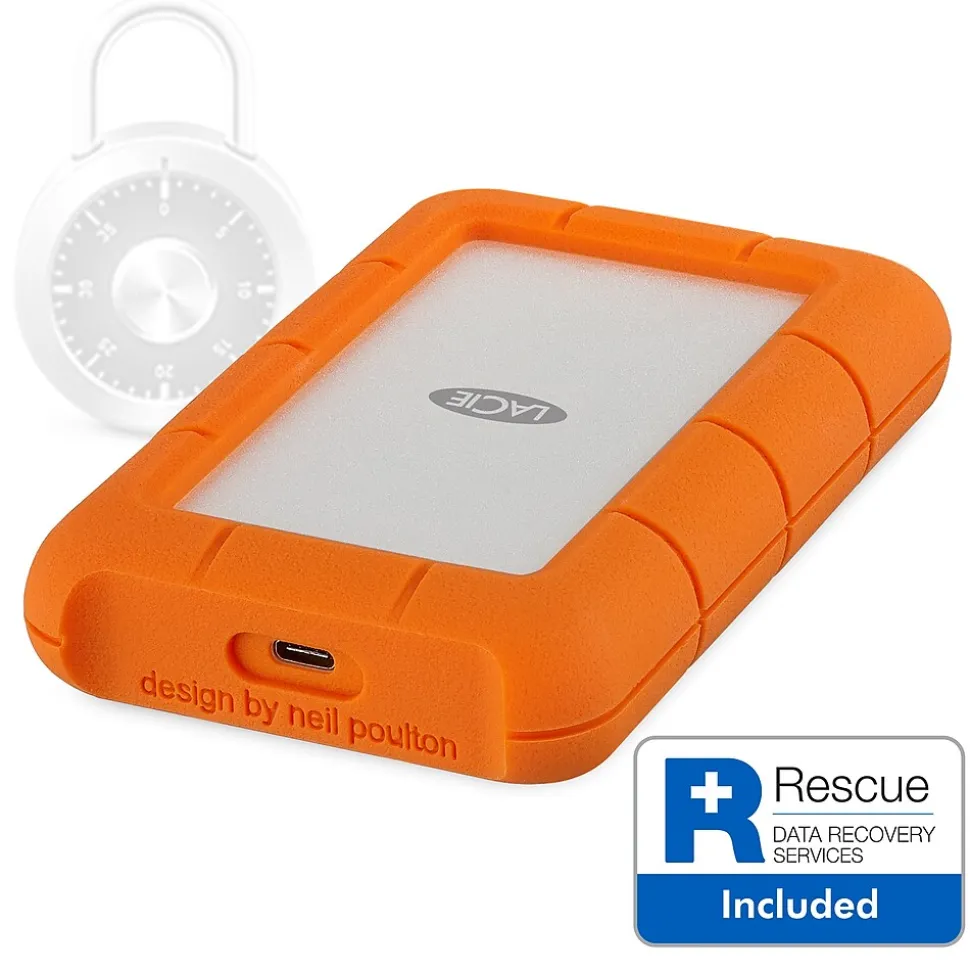 LaCie Rugged Secure 2TB External Hard Drive Portable USB-C USB 3.0 Shock Resistant Encryption Mac PC, Orange (STFR2000403)