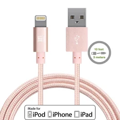 LAX Apple MFi Certified Lightning to USB Cable for Charge Sync 10ft, Rose Gold