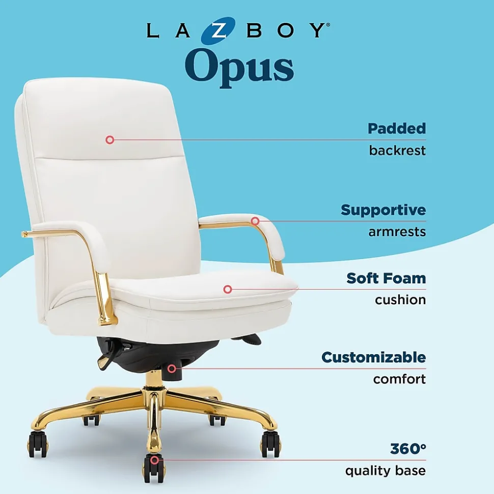 La-Z-Boy Opus Ergonomic Bonded Leather Swivel Executive Chair, White and Gold (CCHR10015A)