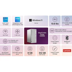 Lenovo IdeaCentre Tower Desktop Computer, Intel Core i5-14400, 8GB RAM, 512GB SSD, Mouse & Keyboard Included, Windows 11 Home
