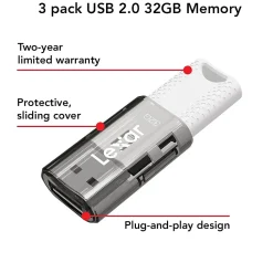 Lexar JumpDrive S60 32GB USB 2.0 Type A Flash Drive, Grey/White, 3/Pack (LJDS60-32GB3NNU)
