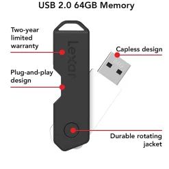 Lexar Twist Turn2 64GB USB 2.0 Type-A Flash Drive, Black (JDTT2-64GABNABK)