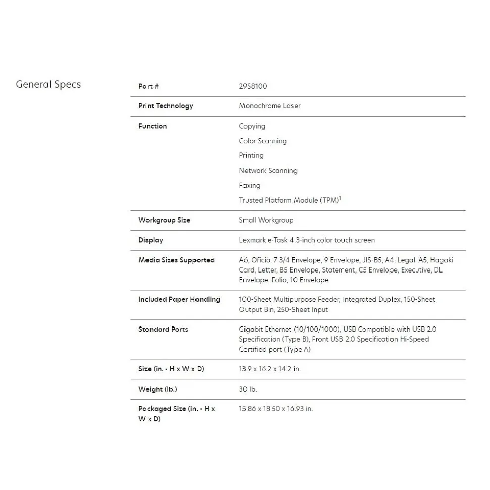 Lexmark MX432adwe Laser Printer, Print, Scan, Copy, Fax (29S8100)