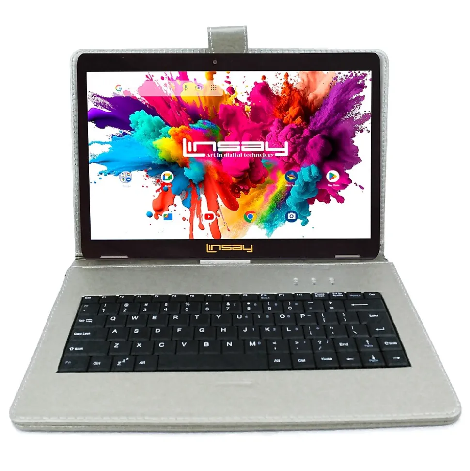 LINSAY® 10.1" OCTA CORE 128GB Storage Android 13 Tablet Dual Camera Android with Silver Keyboard and Pen Stylus