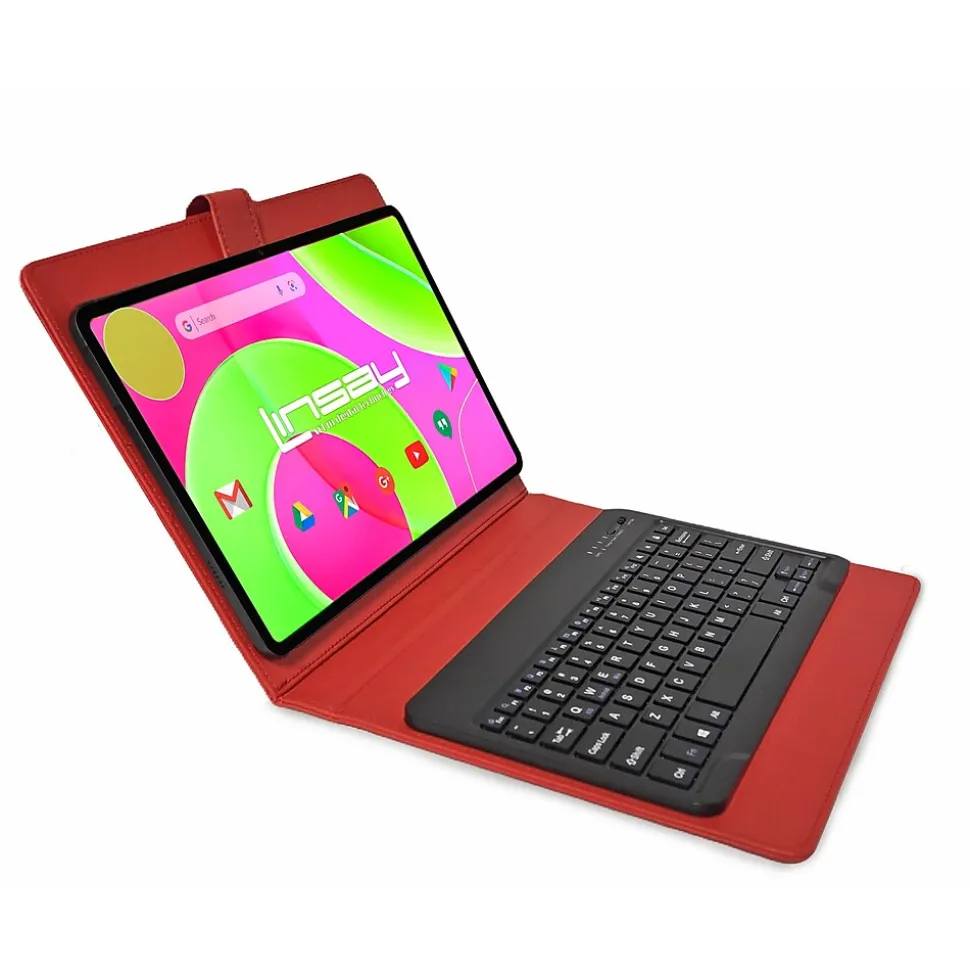 LINSAY 12" Octa Core Tablet, 8GB RAM, 256GB Storage, Android 14, Bundled with Red Style Keyboard