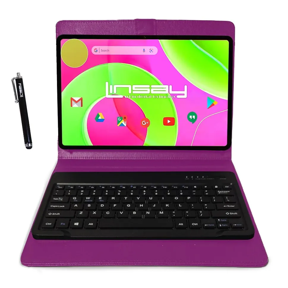 LINSAY 12" Octa Core Tablet, 8GB RAM, 256GB Storage, Android 14, Bundled with Purple Style Keyboard and Stylus Pen