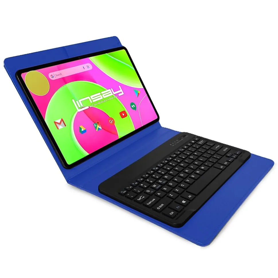 LINSAY 12" Octa Core Tablet, 8GB RAM, 256GB Storage, Android 14 Bundled with Blue Keyboard, Compact Backpack and Stylus Pen