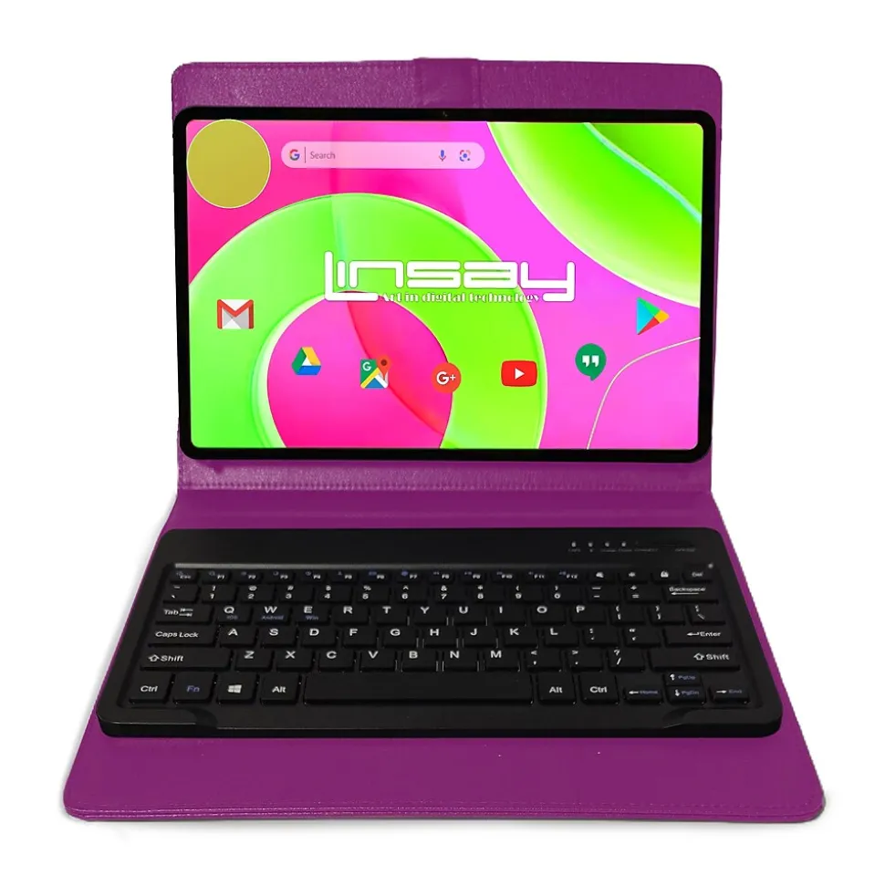 LINSAY 12" Octa Core Tablet, 8GB RAM, 256GB Storage, Android 14, Bundled with Purple Keyboard and Applications Pack