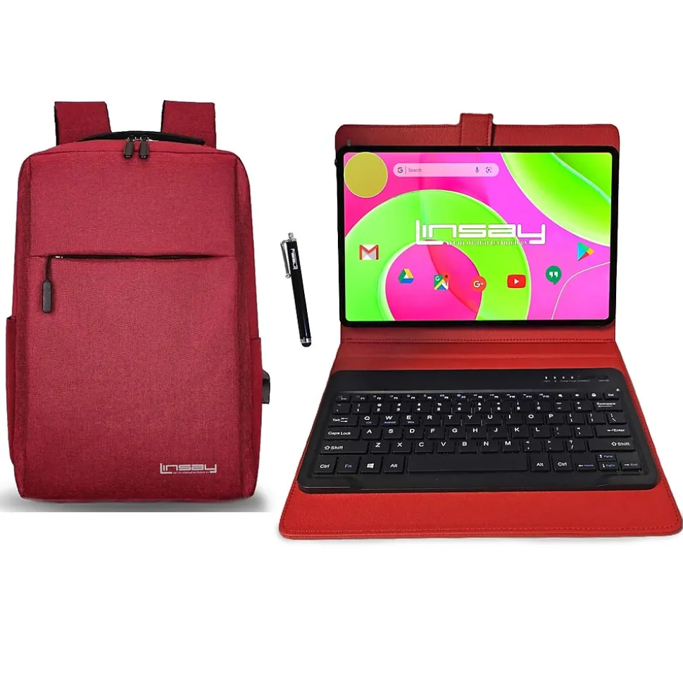 LINSAY 12" Octa Core Tablet, 8GB RAM, 256GB Storage, Android 14, Bundled with Red Keyboard, Backpack and Stylus Pen